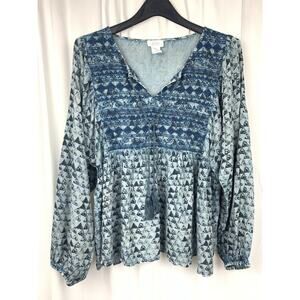 Sigrid Olsen Blue Rayon Embroidered Long Sleeve Boho Peasant Top Blouse L
